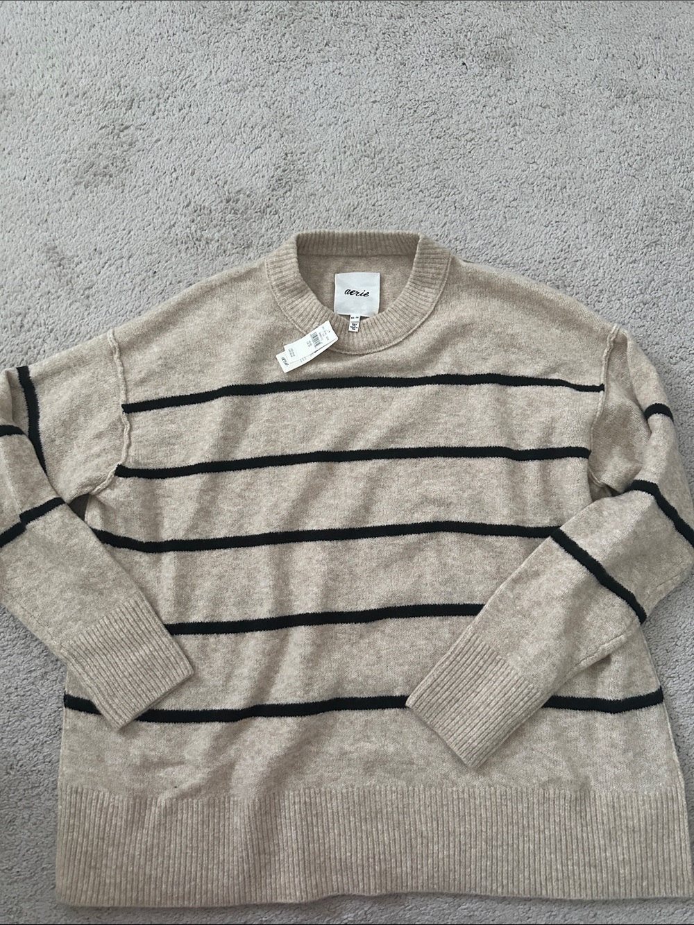 aerie Beige Crewneck Sweater with Black Stripes
